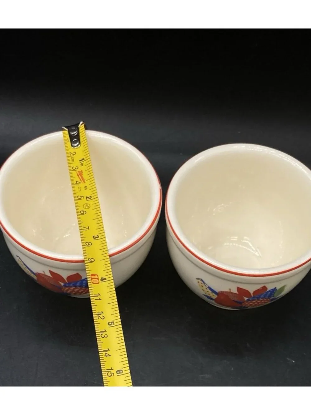 2 Universal Potteries Calico Fruit Pattern Custard Dessert Cup Vintage READ